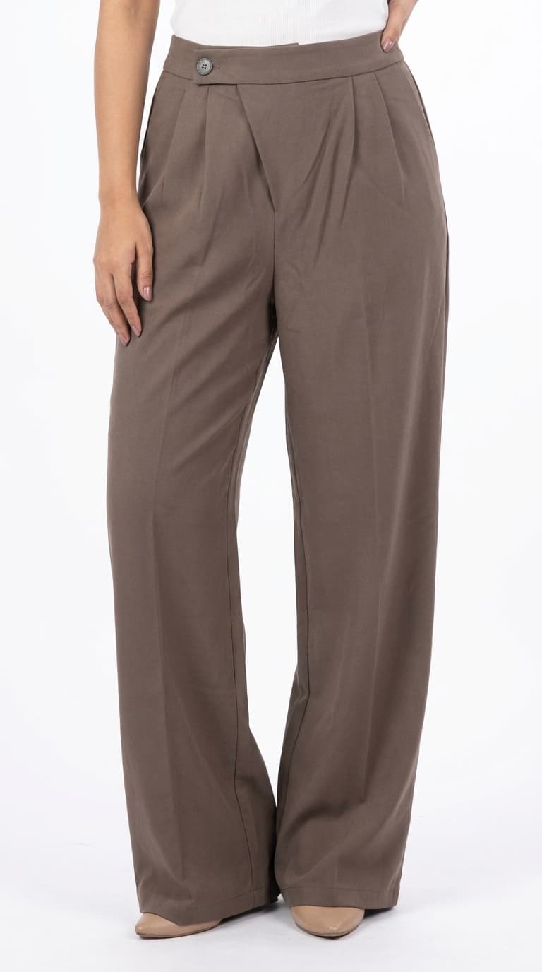Brown Pleated Wide-Leg Trousers