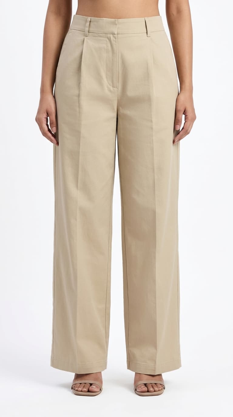 Beige Pleated Wide-Leg Pants