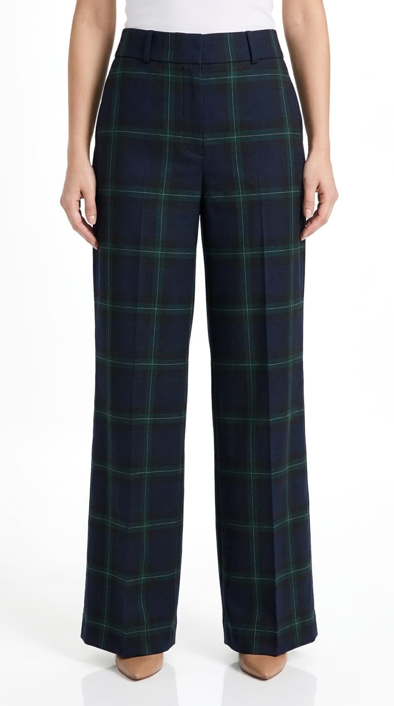 Navy Tartan Plaid Wide-Leg Pants