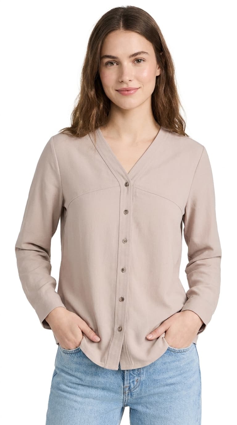 Taupe V Neck Button Down Shirt